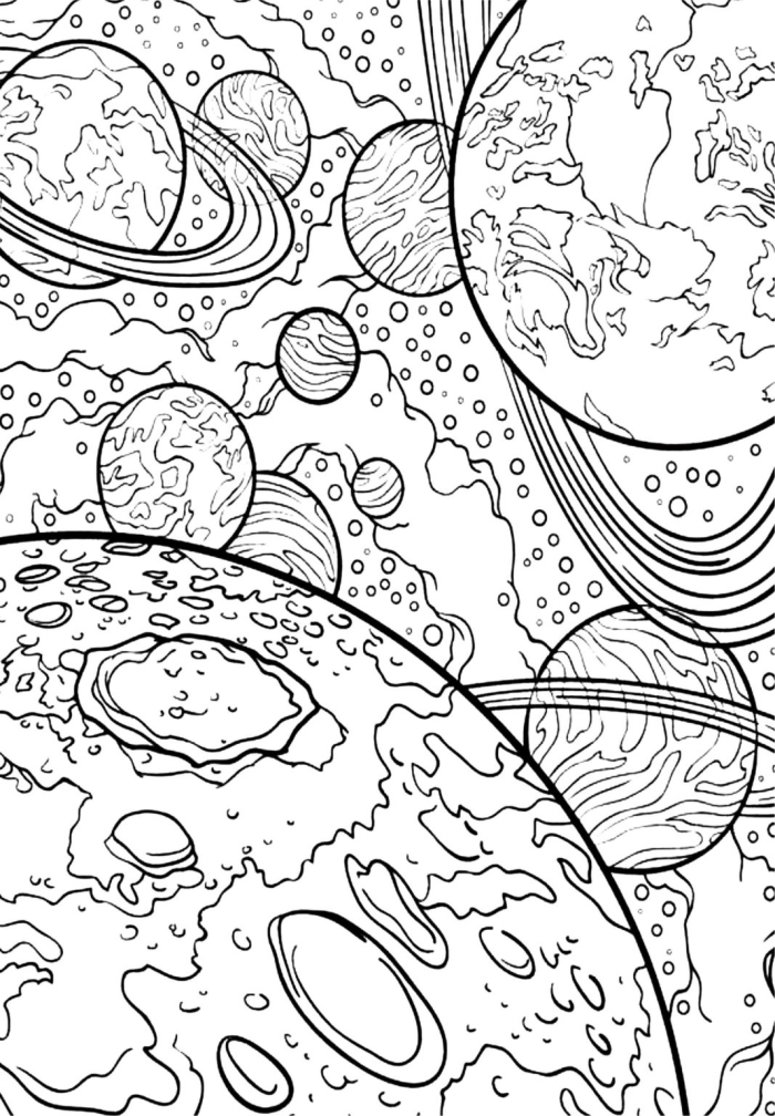 Coloring page featuring four unique planets for first graders to explore and enjoy
