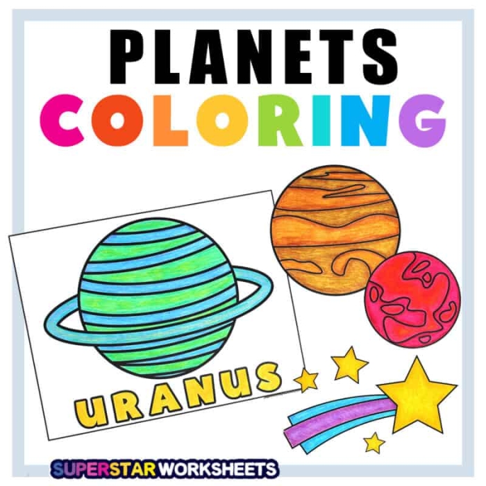 Coloring page worksheet featuring four imaginative planets for first graders to explore with crayons