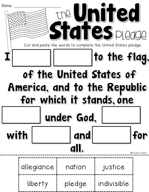 Fill-in-the-blank worksheet to help children memorize the Pledge of Allegiance First grade worksheet for learning the Pledge of Allegiance with fill-in-the-blank prompts