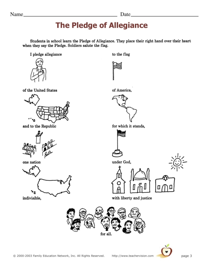 Engaging activity to help children memorize the Pledge of Allegiance Fill-in-the-blank worksheet for first graders to learn the Pledge of Allegiance