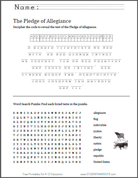 Interactive worksheet designed to help children memorize the Pledge of Allegiance Fill-in-the-blank worksheet for first graders to learn the Pledge of Allegiance