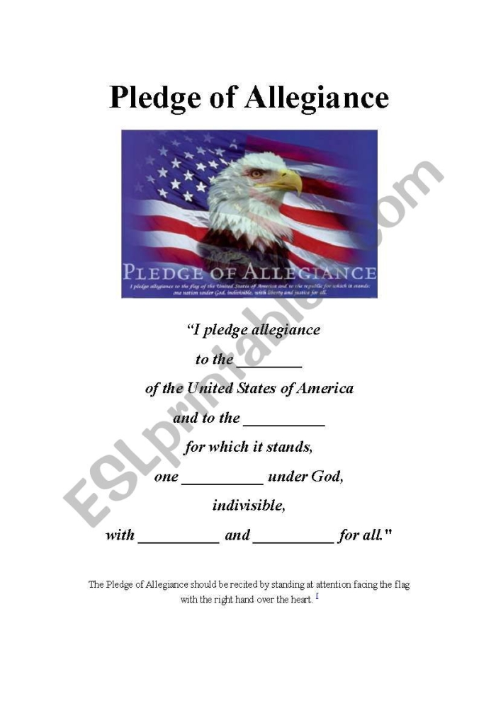 Interactive learning tool for young students focusing on the Pledge of Allegiance Worksheet to help first graders memorize the Pledge of Allegiance with fill-in-the-blank exercises