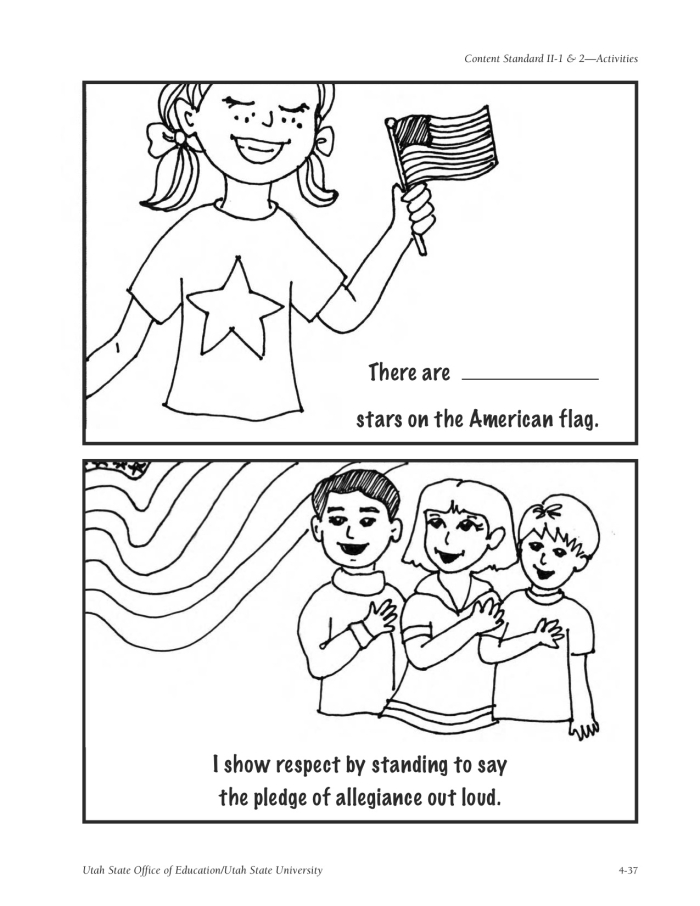 Engaging activity to help children memorize the Pledge of Allegiance Fill-in-the-blank worksheet for first graders to learn the Pledge of Allegiance
