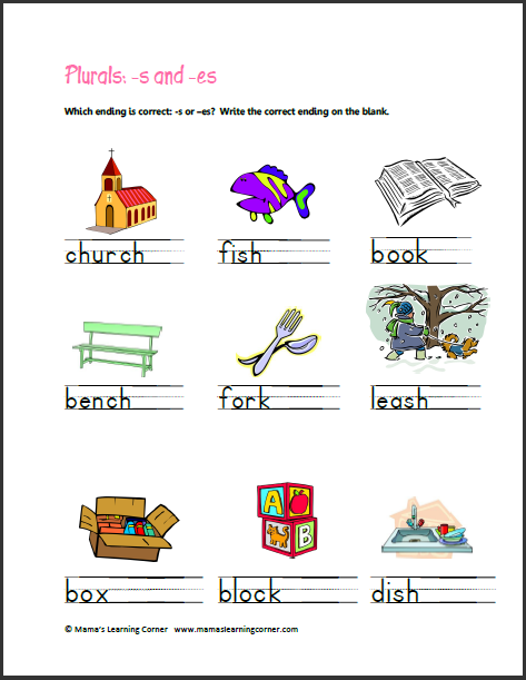 First grade worksheet for practicing plural nouns with S and ES endings