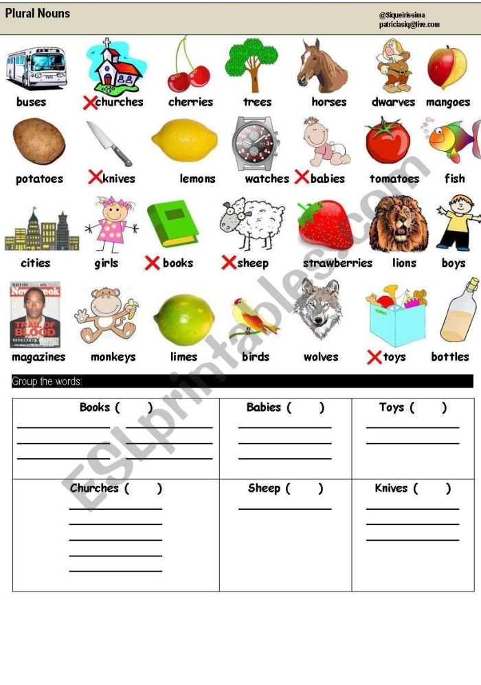 First grade worksheet helping students practice adding S or ES to plural nouns