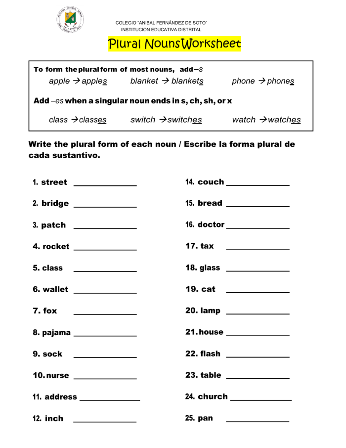 First grade worksheet for practicing plural nouns with s and es endings