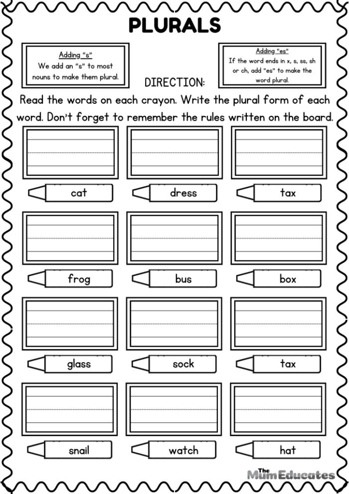 First grade worksheet for practicing plural nouns with S and ES endings