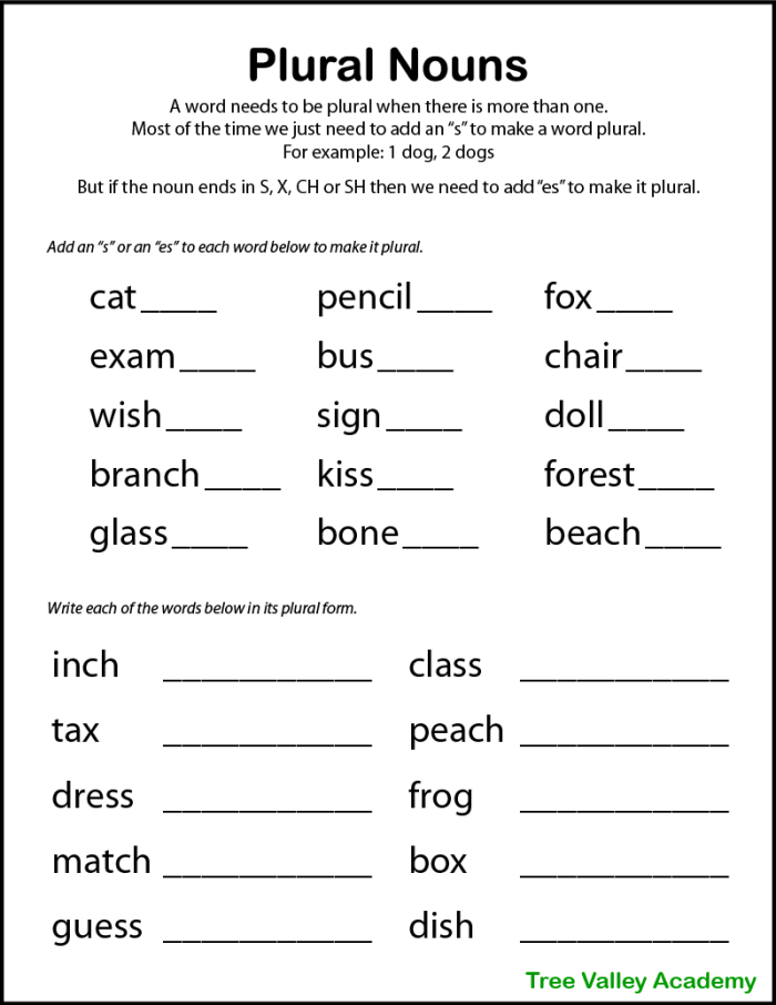 Worksheet focused on identifying the correct plural endings "S" and "ES" for first graders