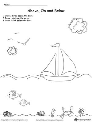 Worksheet for first graders focusing on position and direction concepts like left, right, and cardinal directions. Educational resource for teaching basic spatial awareness in Algebra.