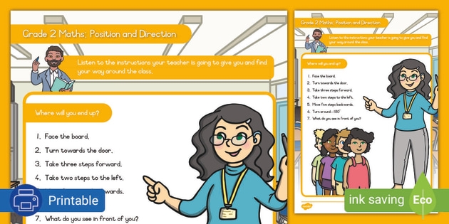Worksheet for first graders focusing on concepts of position and direction in algebra. Engaging activity to help children learn left, right, and cardinal directions.