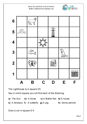 First grade math worksheet focusing on left, right, and cardinal direction concepts