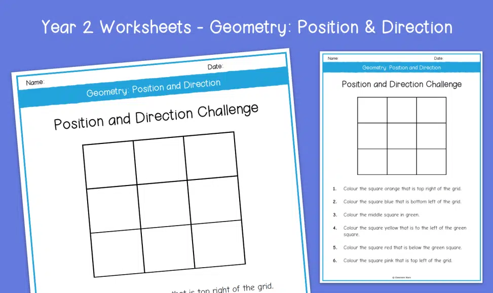 Worksheet for first graders focusing on position and direction concepts