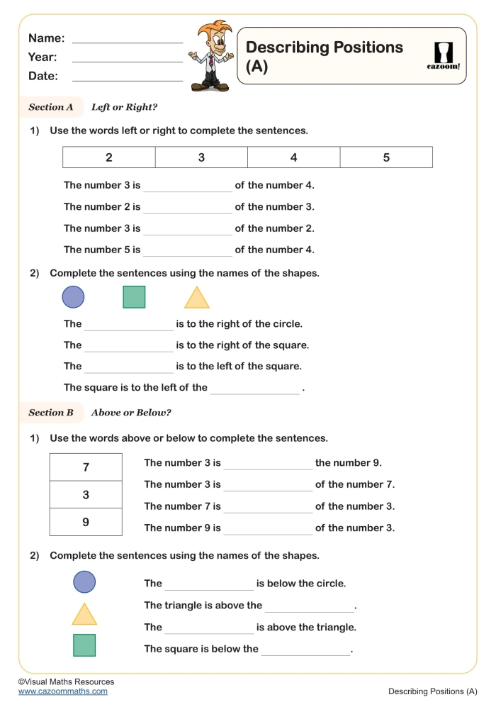First grade math worksheet focusing on identifying left and right positions and cardinal directions