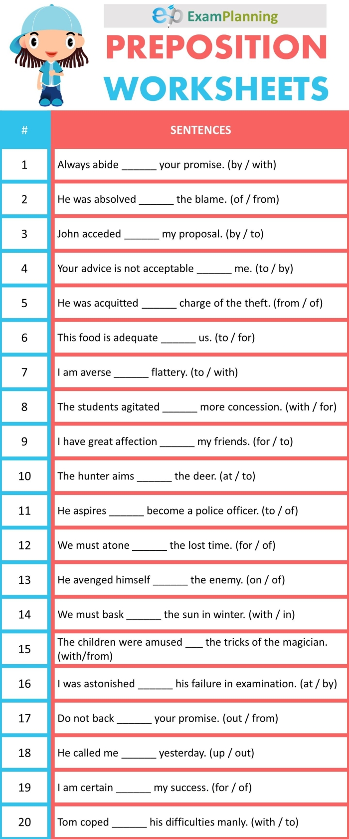 First grade preposition sentence examples worksheet with multiple choice fill-in-the-blank questions for learning positional words