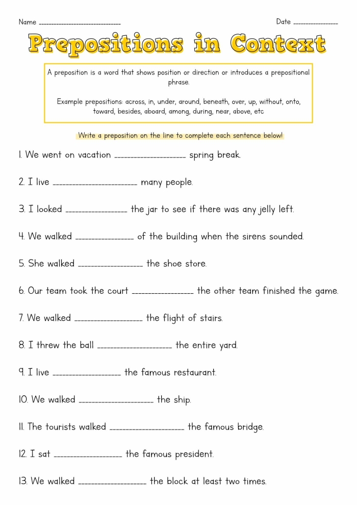 First grade worksheet with ten multiple choice fill in the blank sentences about prepositions