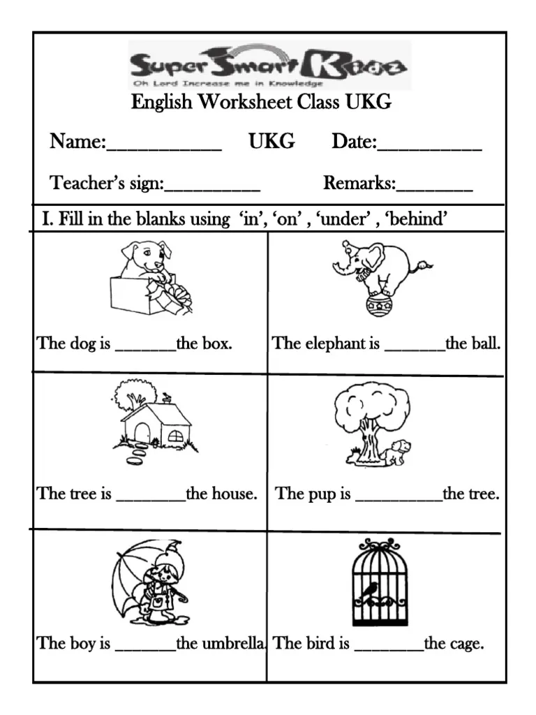 First grade students completing a fill in the blank activity using a word bank for prepositions