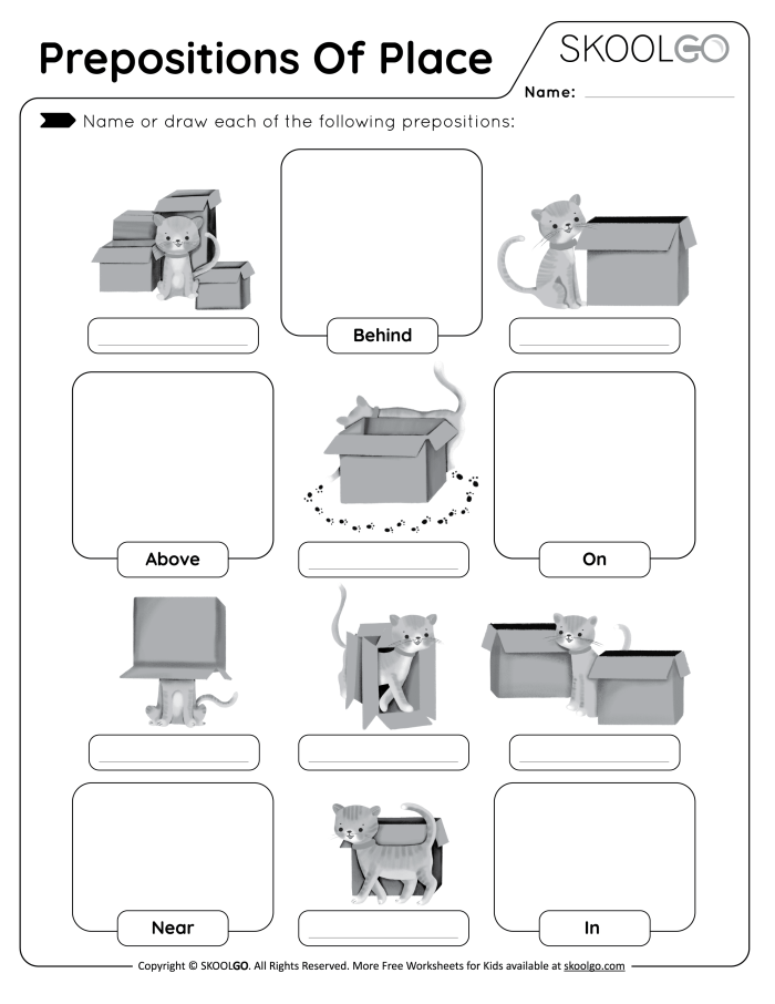 First grade preposition sentence examples worksheet with multiple choice fill-in-the-blank questions for practicing common prepositions