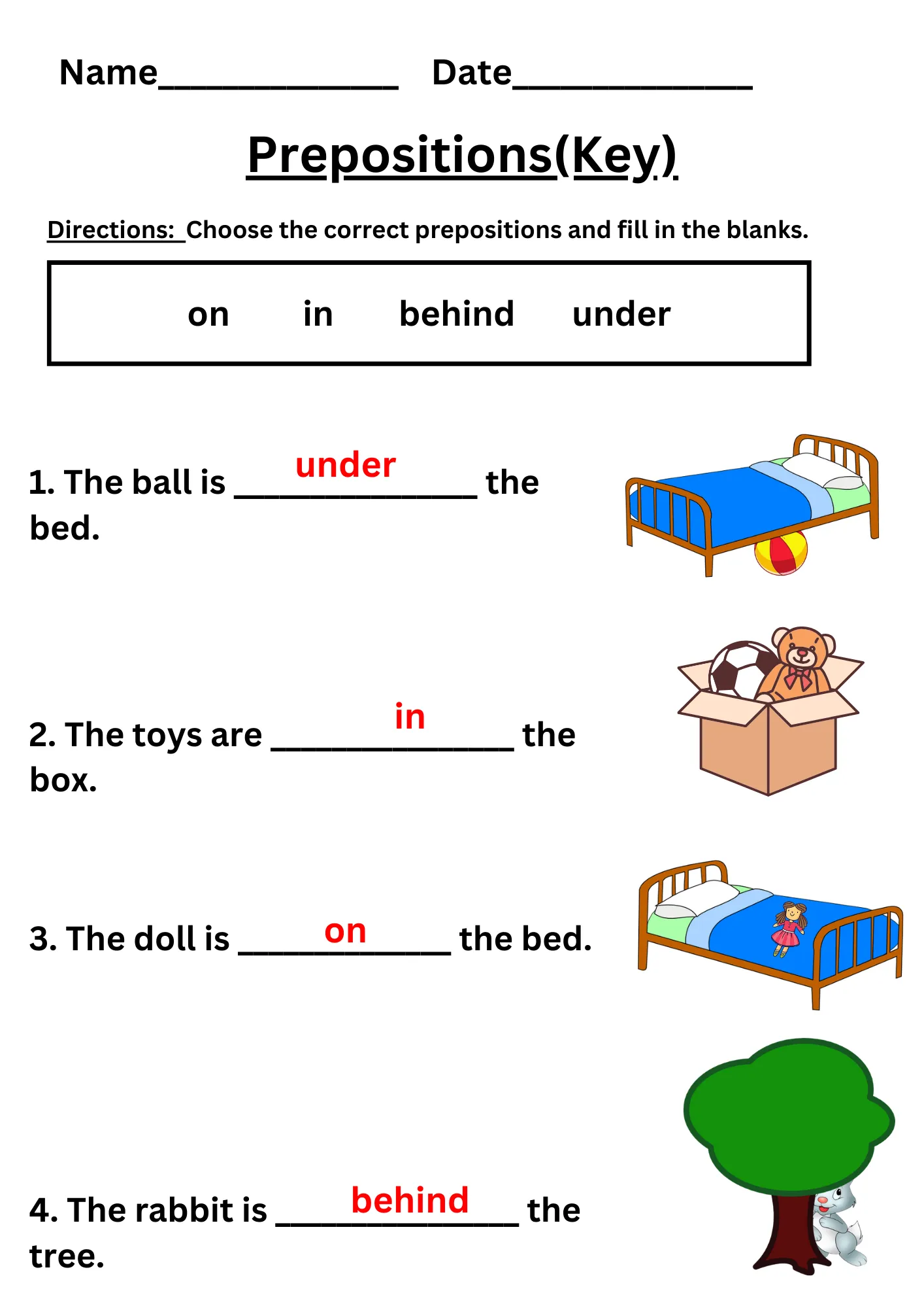 First grade preposition sentence examples worksheet with multiple choice fill-in-the-blank questions for learning basic prepositions