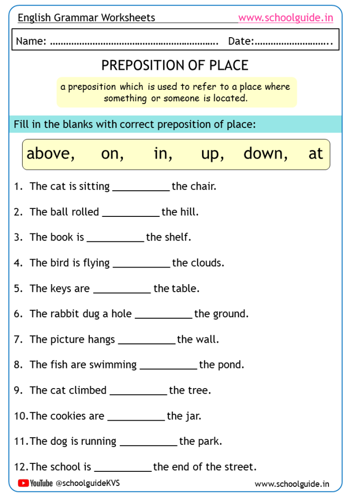 First grade fill-in-the-blank worksheet featuring ten multiple choice preposition sentence examples