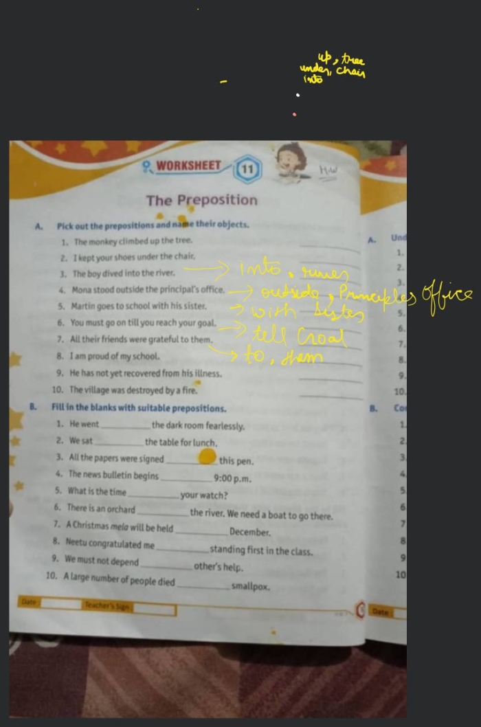 First grade reading worksheet focusing on filling in the blanks with correct prepositions from a word bank