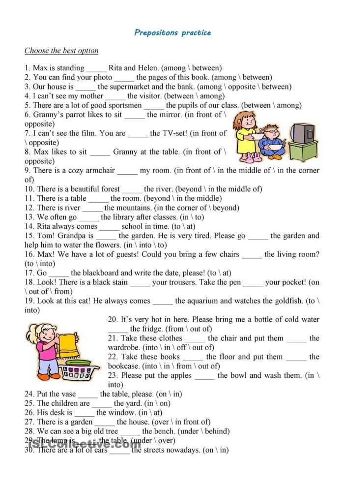 First grade preposition sentence examples multiple choice worksheet with fill-in-the-blank questions about location and direction words