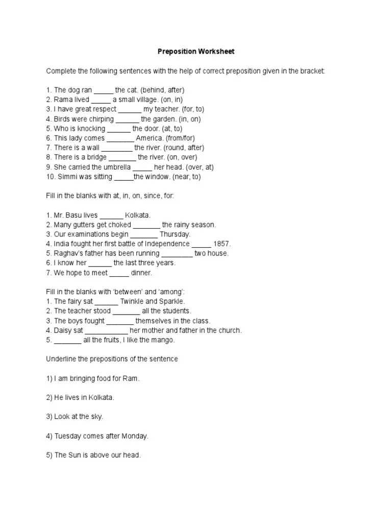 First grade printable worksheet featuring ten multiple choice questions for practicing prepositions