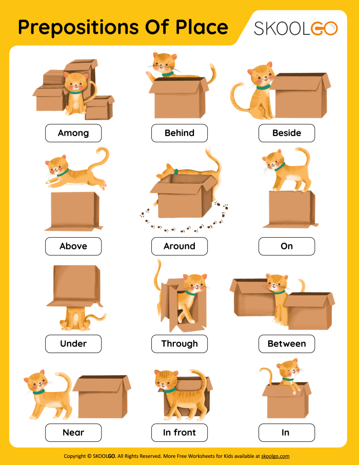 First grade worksheet featuring a comprehensive list of prepositions for grammar practice