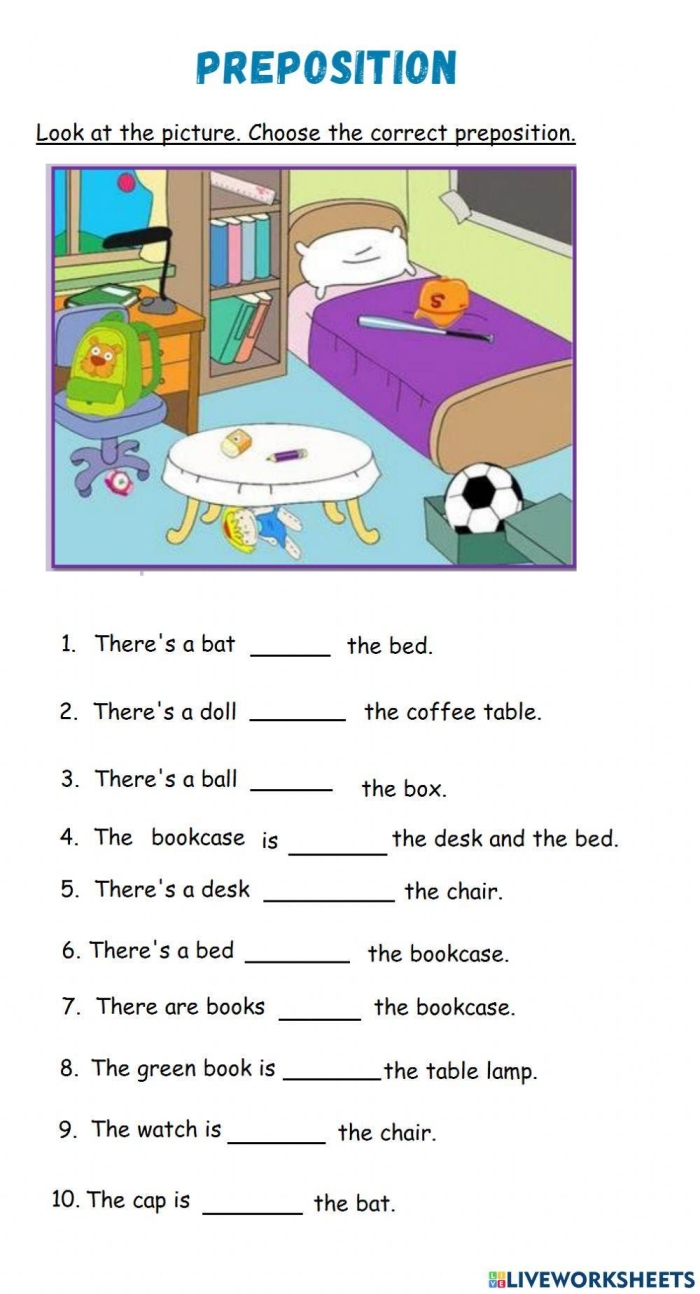 First grade preposition sentence examples worksheet with multiple choice fill-in-the-blank questions for learning positional words
