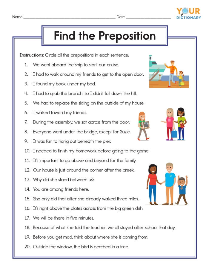 First grade preposition sentence examples worksheet with multiple choice fill-in-the-blank questions for learning positional words
