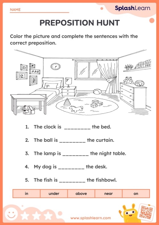 Pet themed preposition practice activity for first grade writing students First grade worksheet showing cute pets to help children practice using prepositions