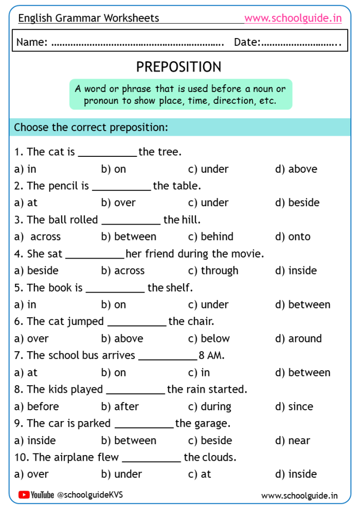 First grade preposition sentence examples worksheet with multiple choice fill-in-the-blank questions for learning common prepositions