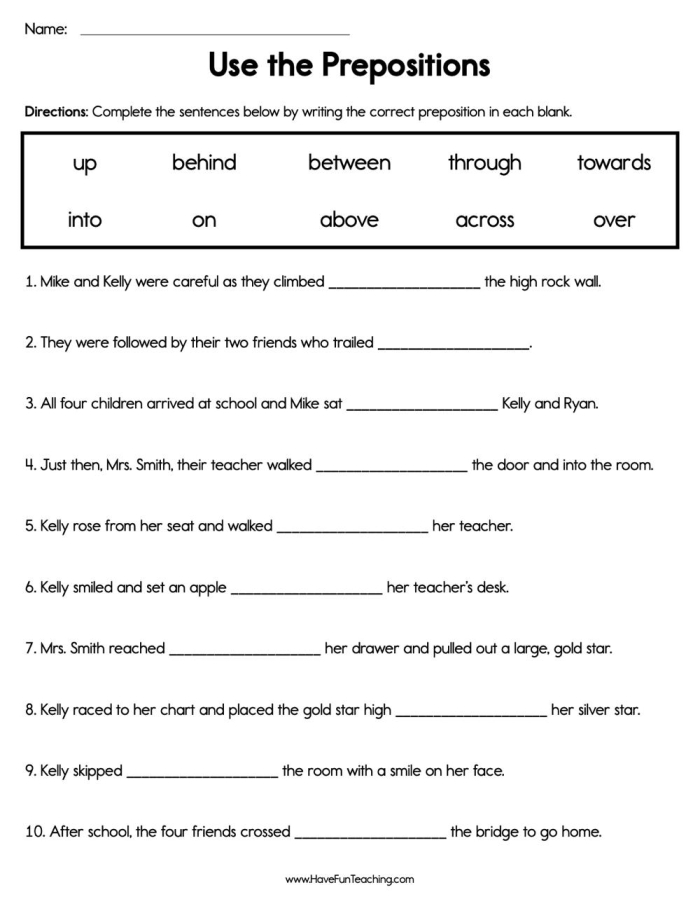 First grade worksheet featuring ten fill-in-the-blank preposition sentences with multiple choice options