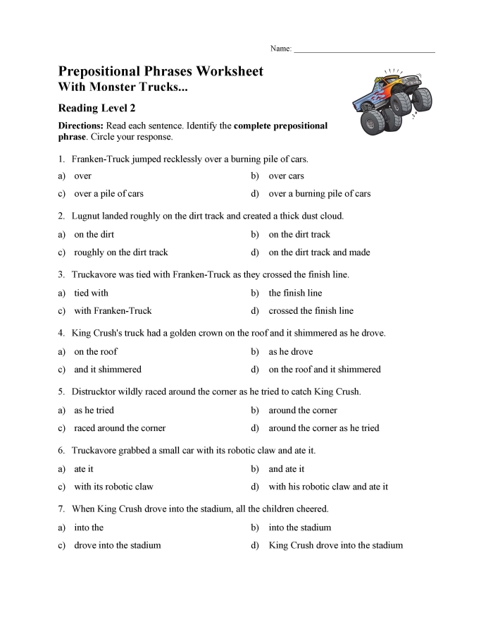 First grade preposition sentence examples worksheet with multiple choice fill-in-the-blank questions for practicing prepositional phrases
