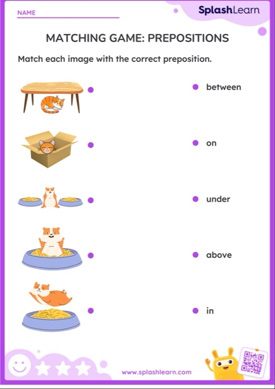 Worksheet for first graders to practice prepositions with a word bank to complete sentences