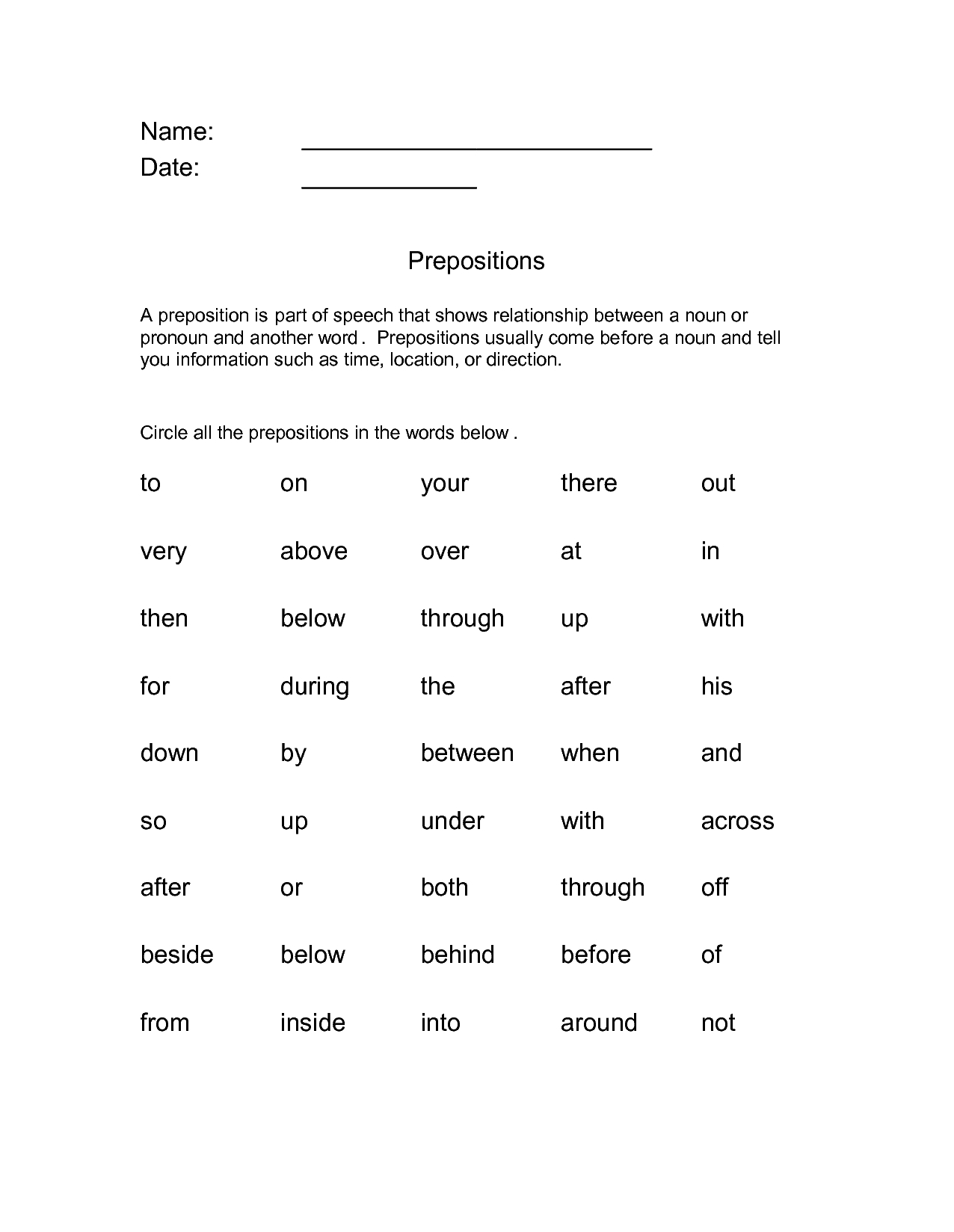First grade student worksheet featuring ten fill-in-the-blank sentences to practice preposition usage