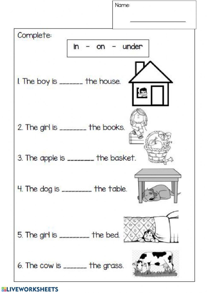 Worksheet for first graders focusing on choosing the correct preposition from a word bank to complete sentences