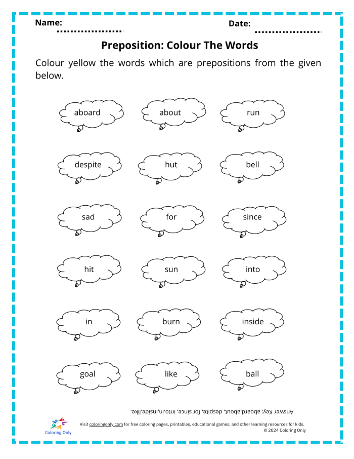First grade students choose the correct preposition from a word bank to complete sentences in this educational worksheet