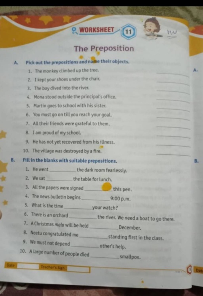 First grade worksheet for choosing the right preposition from a word bank
