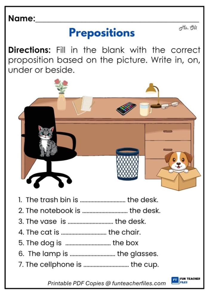First grade student completing a sentence exercise by choosing the correct preposition from a word bank