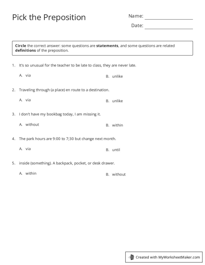 First grade students use a word bank to choose the correct preposition for eight sentences in this reading worksheet