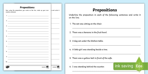 First grade worksheet for picking the correct preposition using a word bank