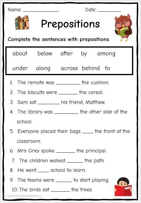 First grade worksheet featuring ten multiple choice preposition fill in the blank sentences