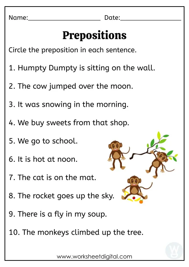 Preposition Practice 20: Find the Pets Activity Sheet First grade preposition practice worksheet with pets and location words for finding animals in different positions