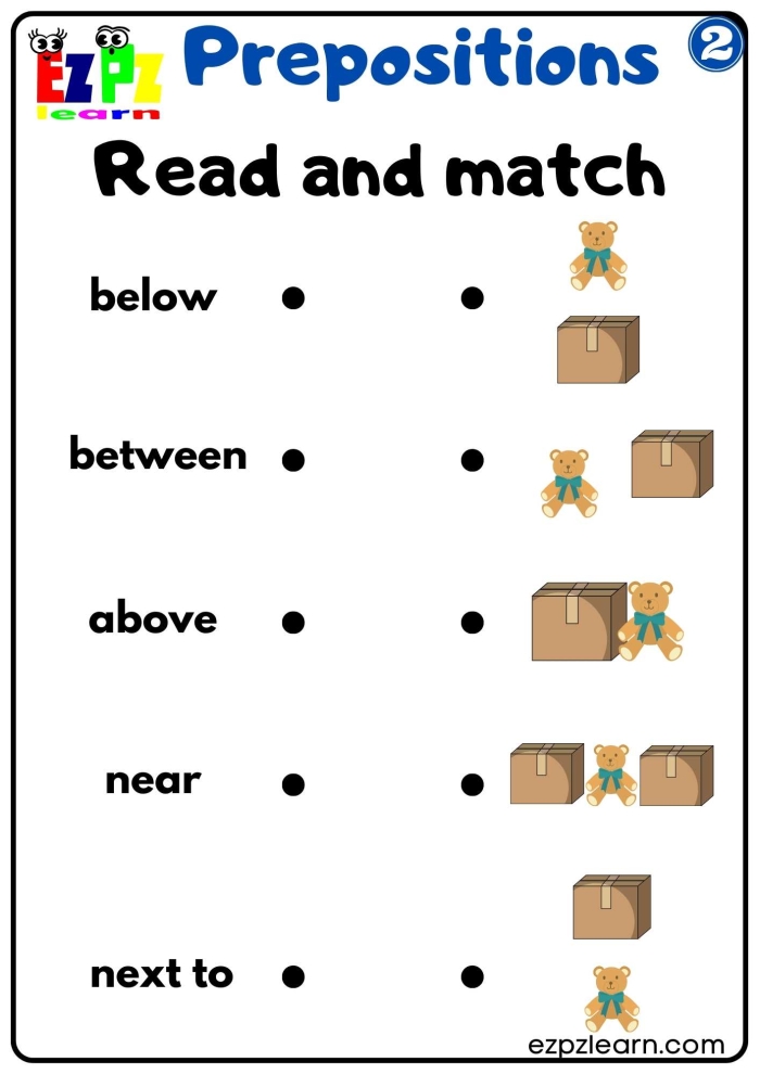 First grade preposition sentence examples worksheet with multiple choice fill-in-the-blank questions for writing practice