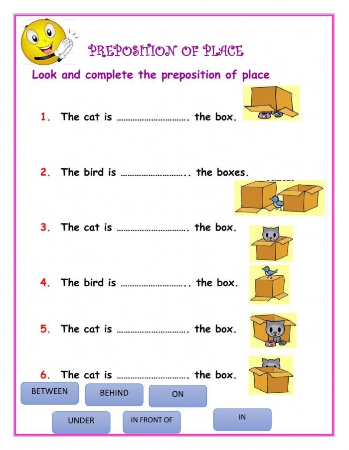 First grade writing worksheet with 10 multiple choice fill-in-the-blank preposition sentence examples