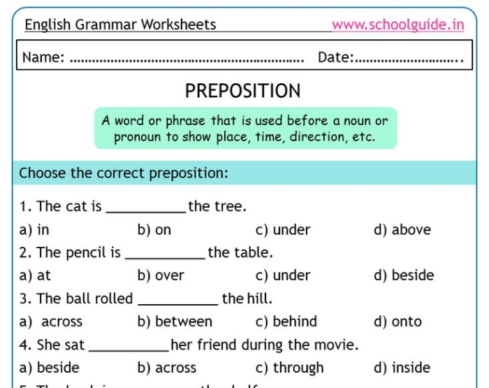 List of prepositions worksheet designed for first graders to enhance their understanding of parts of speech