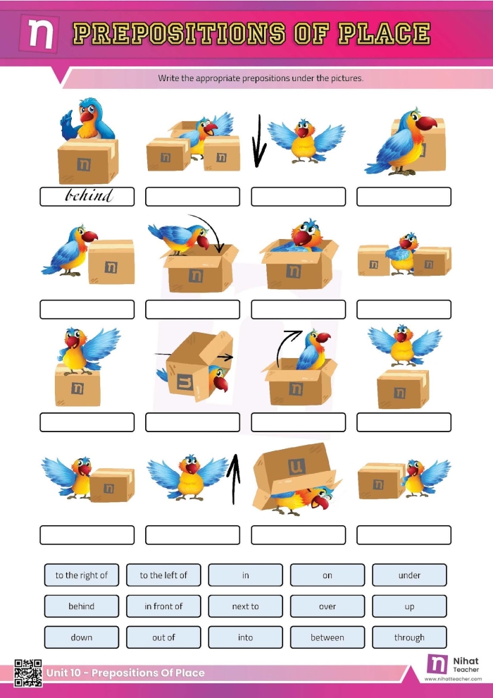 First grade worksheet featuring a comprehensive list of prepositions for grammar practice