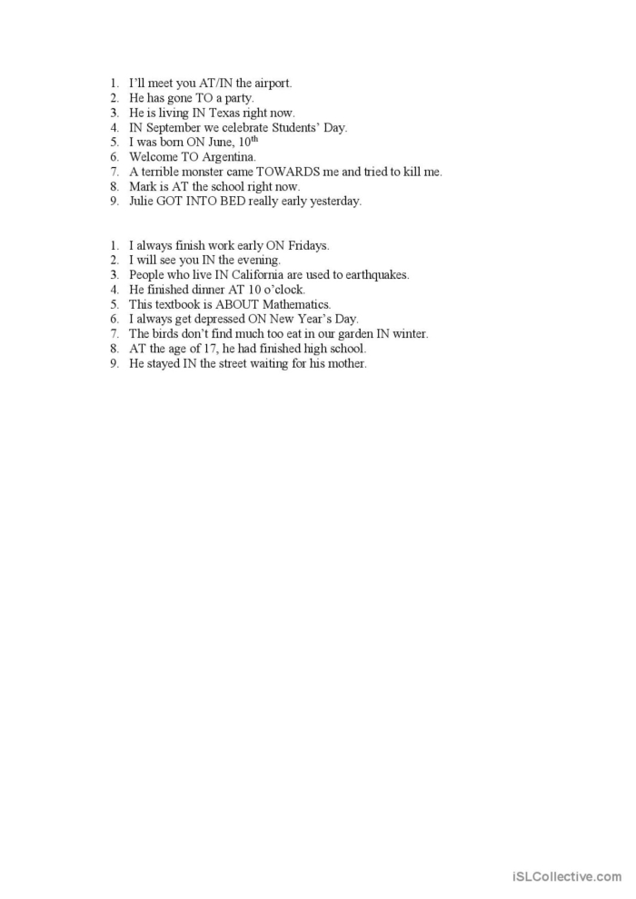 First grade worksheet featuring a comprehensive list of prepositions for grammar practice