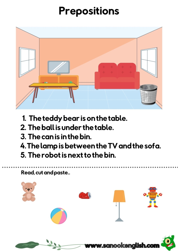 First grade worksheet featuring a comprehensive list of prepositions for grammar practice