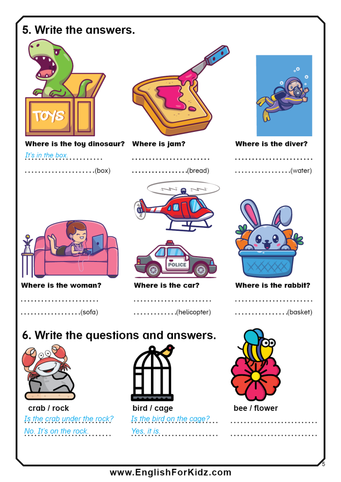 First grade student learning common prepositions with a mixed operations worksheet